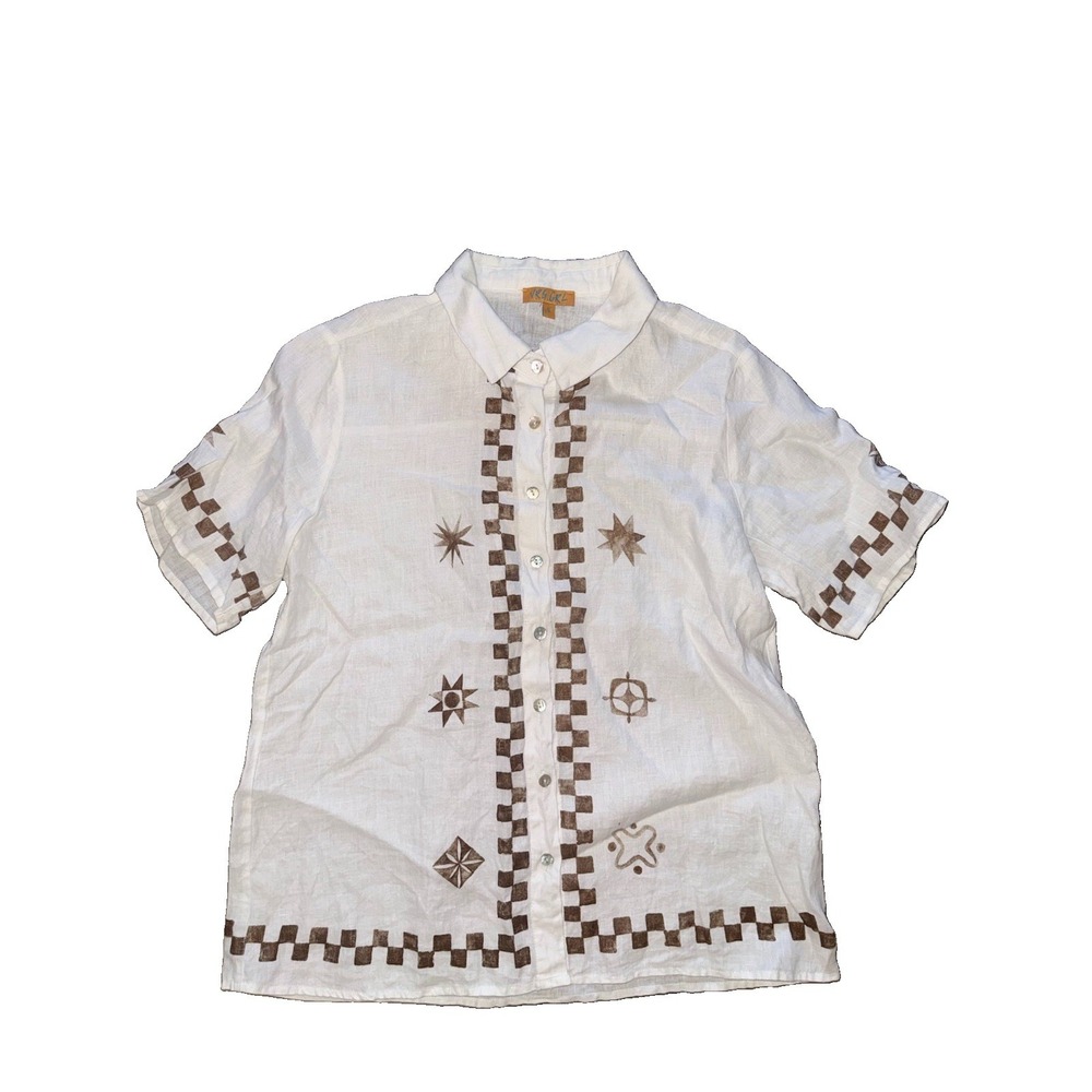 VRG Girl Mediterranean White Linen Buttoned Checkered Short Sleeve Shirt Size 6